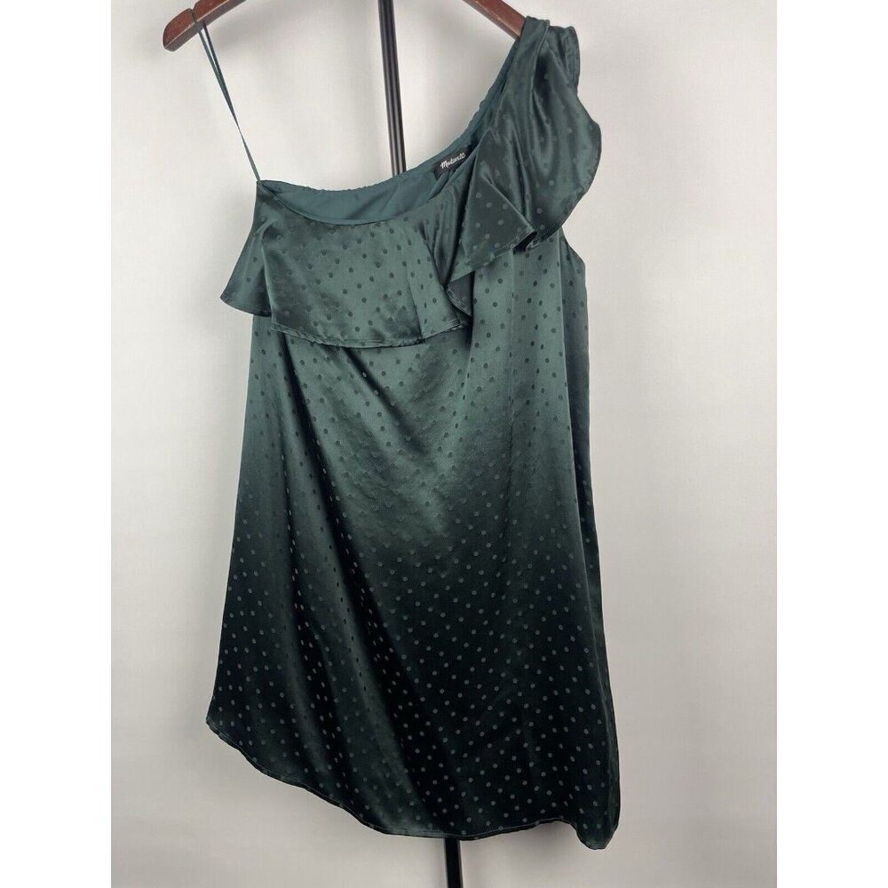 Madewell Emerald Green Silk One‎ Shoulder Ruffle Dotted Mini Lined Dress Size 0